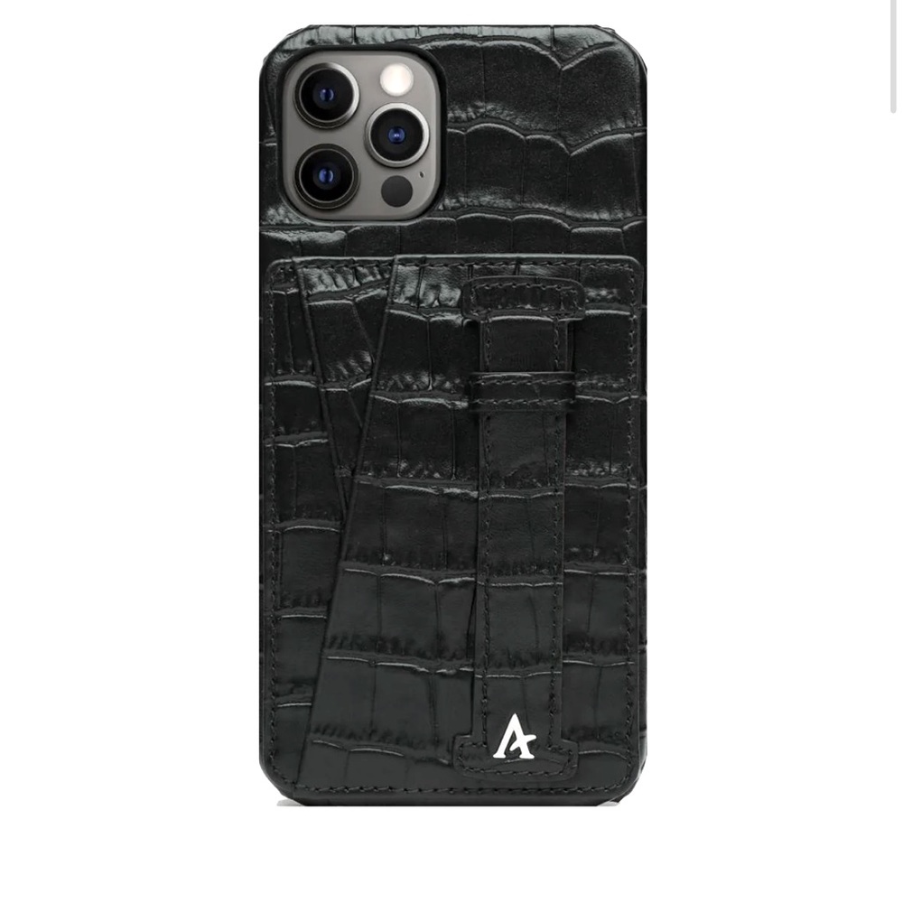 Affluent LEATHER IPHONE 13 Pro/12 Pro CARD HOLDER FINGER LOOP CASE in Black Croc